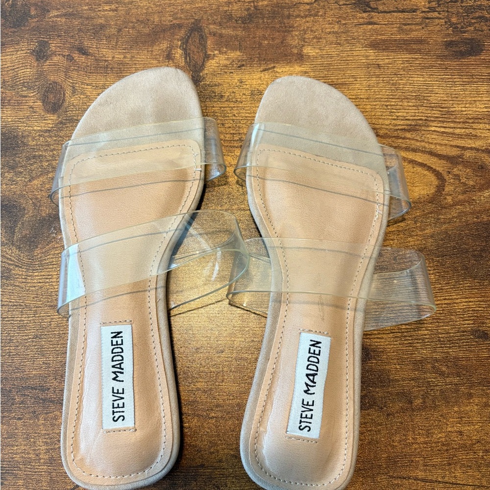 Steve Madden Cream Tan Slide Sandals with Clear Straps